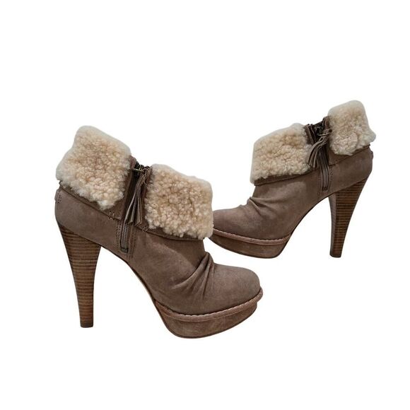 UGG Georgette Shearling Nubuck High Heel Booties Size 7 Cozy + Luxe Winter Chic - Picture 3 of 10